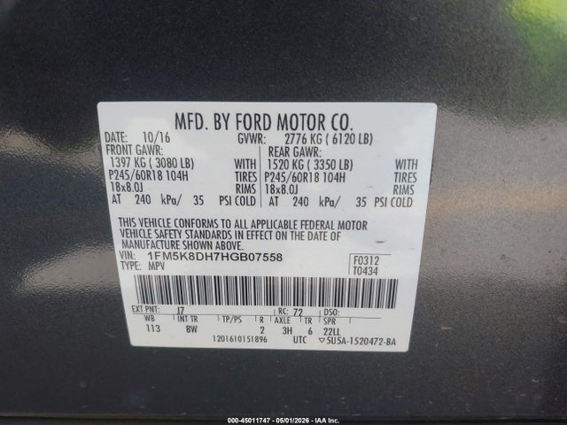 1FM5K8DH7HGB07558 Ford EXPLORER XLT