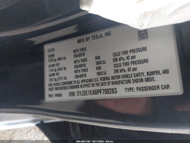45011767 :رقم المزاد ، 5YJ3E1EA6PF700283 vin ، 2023 Tesla Model 3 Rear-wheel Drive مزاد بيع