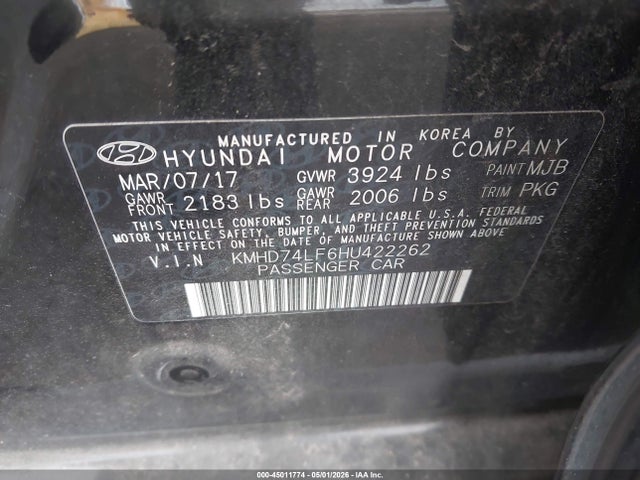 Продажа на аукционе авто 2017 Hyundai Elantra Se, vin: KMHD74LF6HU422262, номер лота: 45011774