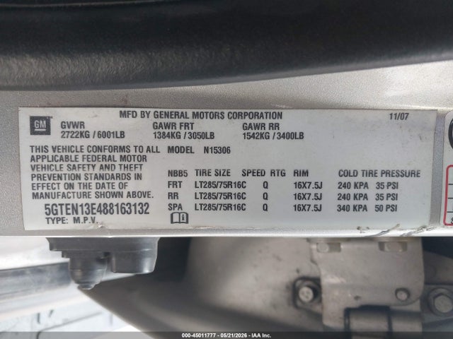 45011777 :رقم المزاد ، 5GTEN13E488163132 vin ، 2008 Hummer H3 Suv مزاد بيع