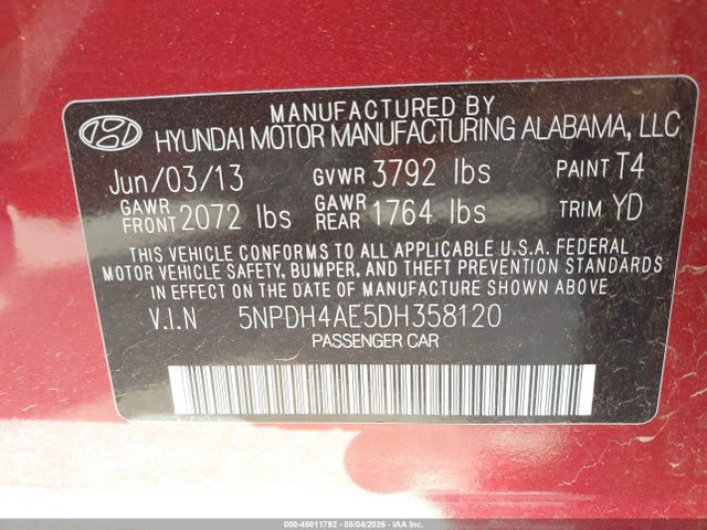 Продаж на аукціоні авто 2013 Hyundai Elantra Gls, vin: 5NPDH4AE5DH358120, номер лоту: 45011792
