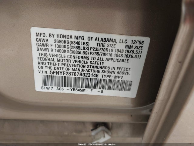 Aukcja sprzedaży 2007 Honda Pilot Ex-l, vin: 5FNYF28767B023146, numer aukcji: 45011794