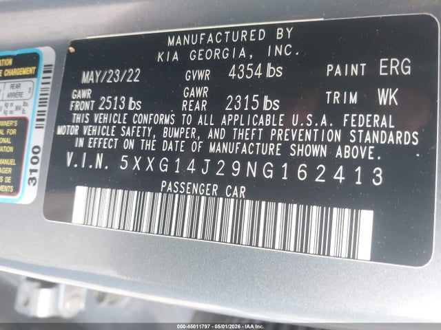 Aukcja sprzedaży 2022 Kia K5 Lxs, vin: 5XXG14J29NG162413, numer aukcji: 45011797
