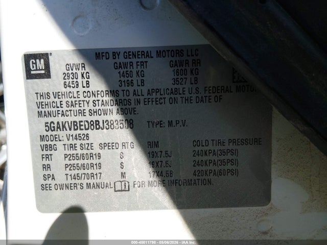 45011798 :رقم المزاد ، 5GAKVBED8BJ383508 vin ، 2011 Buick Enclave 1xl مزاد بيع