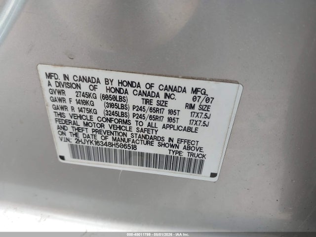2008 Honda Ridgeline Rtx მანქანა იყიდება აუქციონზე, vin: 2HJYK16348H506518, აუქციონის ნომერი: 45011799