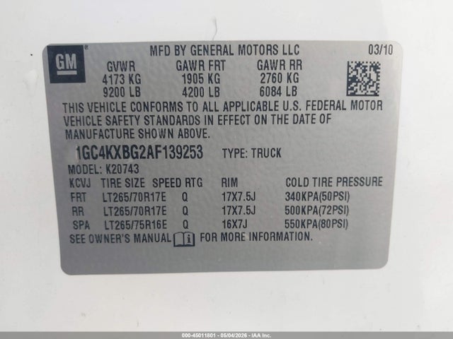 Продаж на аукціоні авто 2010 Chevrolet Silverado 2500hd Lt, vin: 1GC4KXBG2AF139253, номер лоту: 45011801