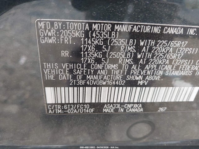 45011802 :رقم المزاد ، 2T3BF4DV0BW164402 vin ، 2011 Toyota Rav4 مزاد بيع