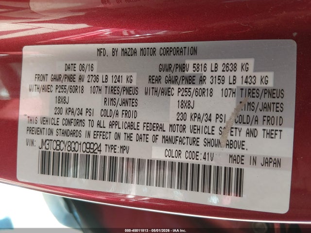 45011813 :رقم المزاد ، JM3TCBCY8G0109924 vin ، 2016 Mazda Cx-9 Touring مزاد بيع
