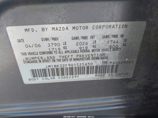 45011817 :رقم المزاد ، JM1BK32F961525650 vin ، 2006 Mazda Mazda3 I مزاد بيع