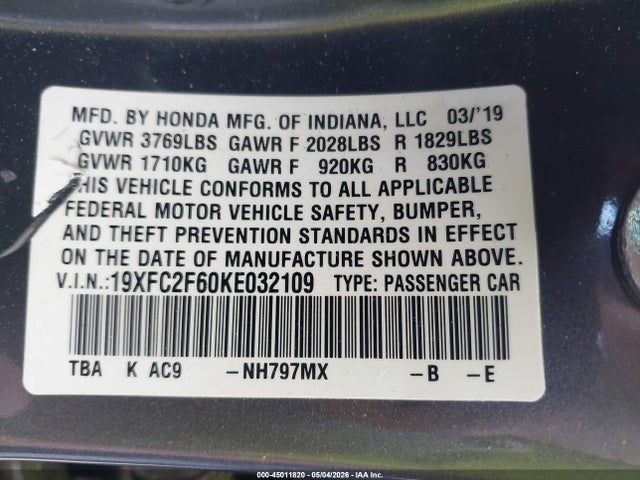 Aukcja sprzedaży 2019 Honda Civic Lx, vin: 19XFC2F60KE032109, numer aukcji: 45011820