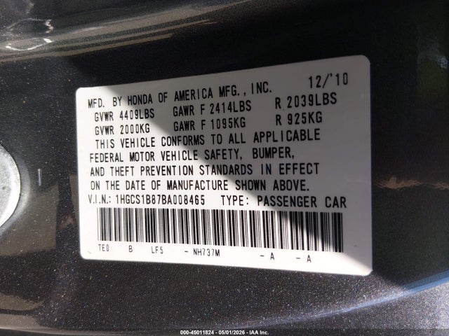 Продаж на аукціоні авто 2011 Honda Accord 2.4 Ex-l, vin: 1HGCS1B87BA008465, номер лоту: 45011824