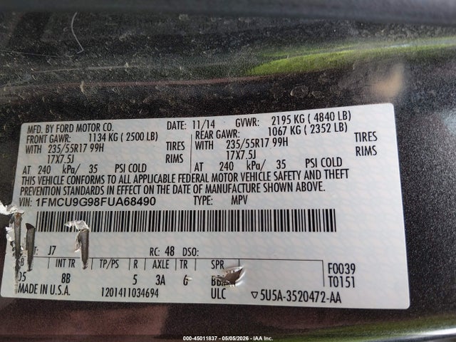 45011837 :رقم المزاد ، 1FMCU9G98FUA68490 vin ، 2015 Ford Escape Se مزاد بيع