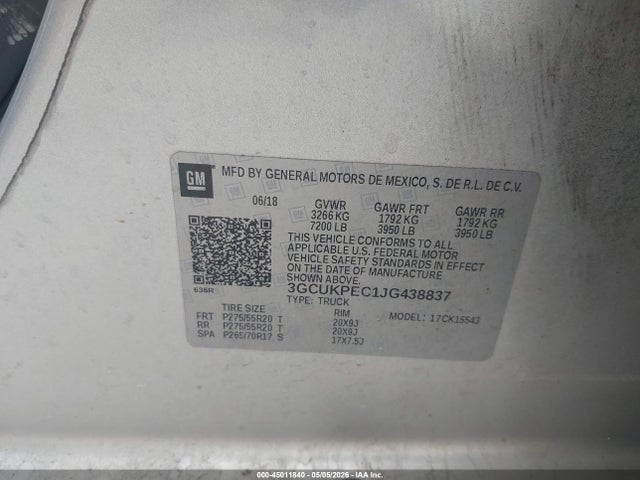 45011840 :رقم المزاد ، 3GCUKPEC1JG438837 vin ، 2018 Chevrolet Silverado 1500 Custom مزاد بيع