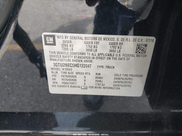 Aukcja sprzedaży 2017 Gmc Sierra 1500 Slt, vin: 3GTU2NEC5HG122047, numer aukcji: 45011844