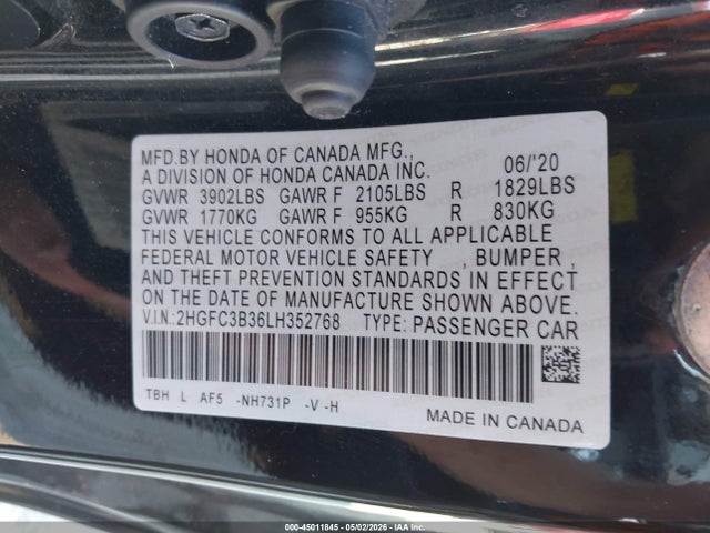 Продаж на аукціоні авто 2020 Honda Civic Ex, vin: 2HGFC3B36LH352768, номер лоту: 45011845