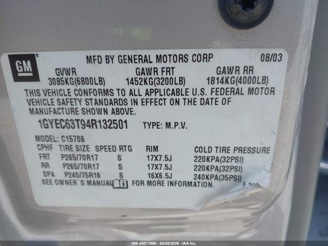 Продаж на аукціоні авто 2004 Cadillac Escalade Standard, vin: 1GYEC63T94R132501, номер лоту: 45011860