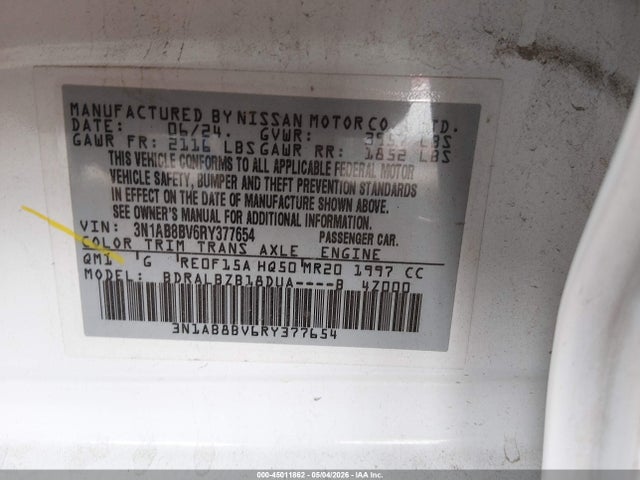 2024 Nissan Sentra S Xtronic Cvt მანქანა იყიდება აუქციონზე, vin: 3N1AB8BV6RY377654, აუქციონის ნომერი: 45011862