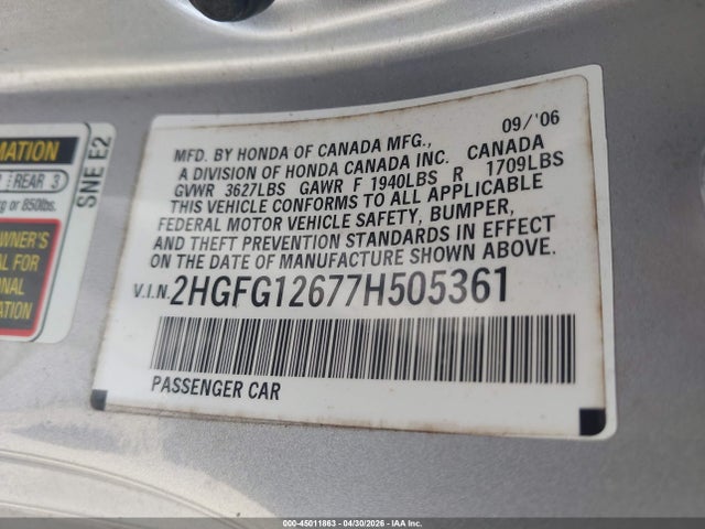 2007 Honda Civic Lx მანქანა იყიდება აუქციონზე, vin: 2HGFG12677H505361, აუქციონის ნომერი: 45011863