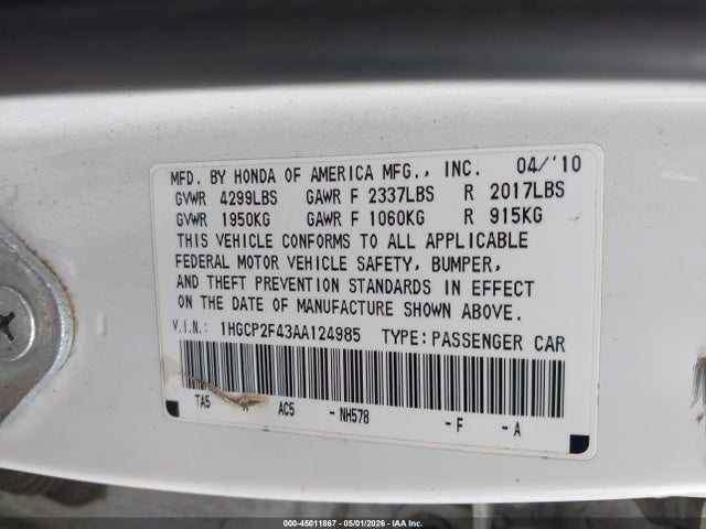 45011867 :رقم المزاد ، 1HGCP2F43AA124985 vin ، 2010 Honda Accord 2.4 Lx-p مزاد بيع