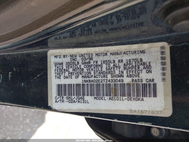45011880 :رقم المزاد ، 1NXBA02E2TZ433049 vin ، 1996 Toyota Corolla مزاد بيع