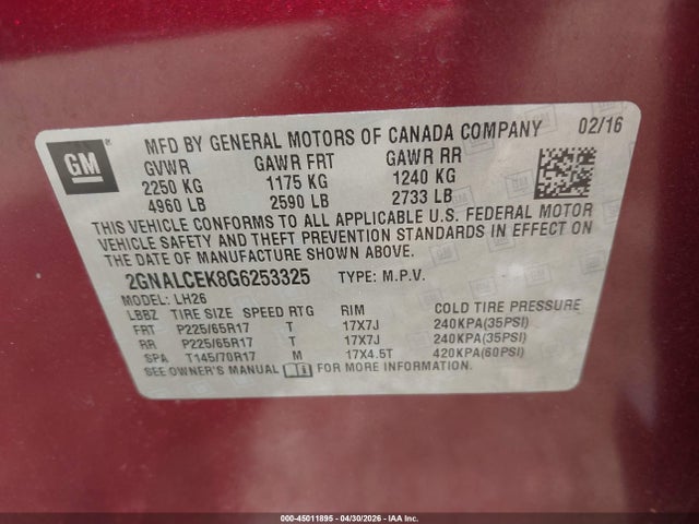 45011895 :رقم المزاد ، 2GNALCEK8G6253325 vin ، 2016 Chevrolet Equinox Lt مزاد بيع