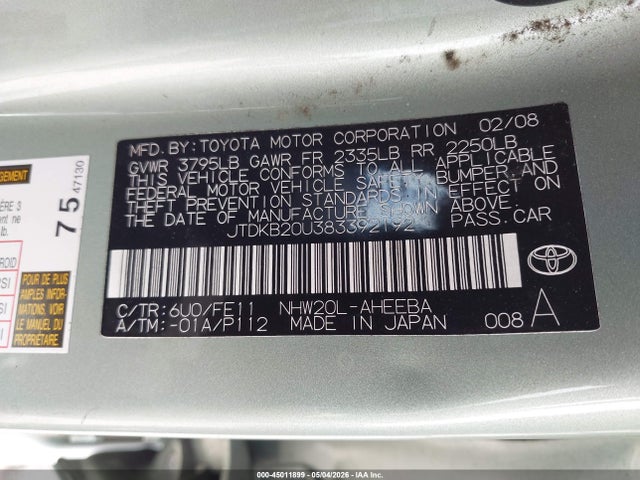 Aukcja sprzedaży 2008 Toyota Prius, vin: JTDKB20U383392192, numer aukcji: 45011899