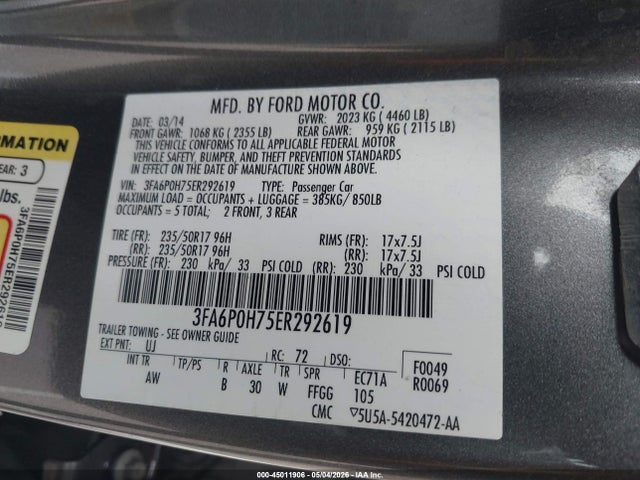 Ford FUSION SE 2014 3FA6P0H75ER292619 Image 9