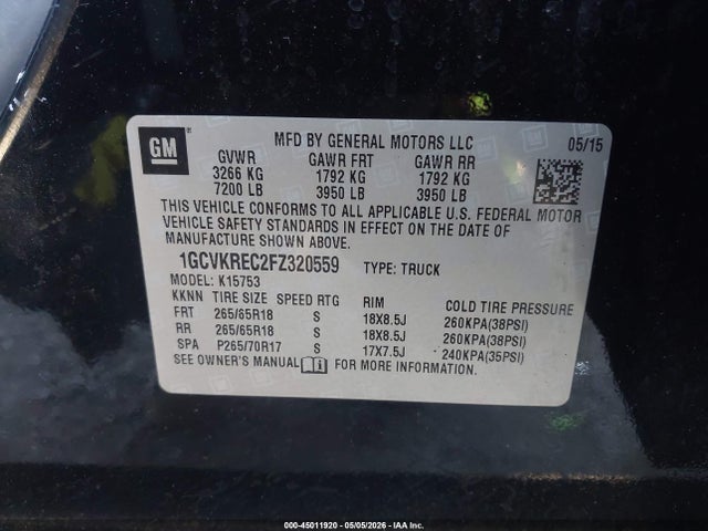 Aukcja sprzedaży 2015 Chevrolet Silverado 1500 2lt, vin: 1GCVKREC2FZ320559, numer aukcji: 45011920