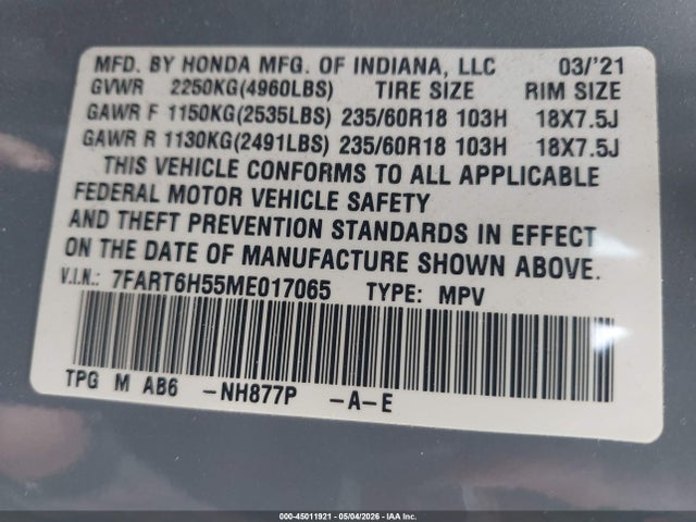 45011921 :رقم المزاد ، 7FART6H55ME017065 vin ، 2021 Honda Cr-v Hybrid Ex مزاد بيع