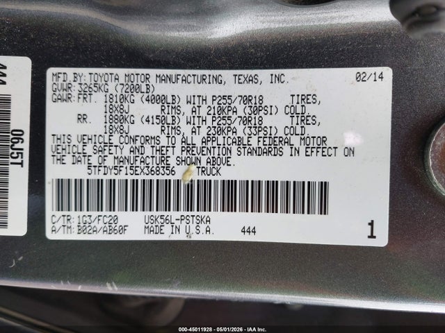 2014 Toyota Tundra Sr5 5.7l V8 მანქანა იყიდება აუქციონზე, vin: 5TFDY5F15EX368356, აუქციონის ნომერი: 45011928