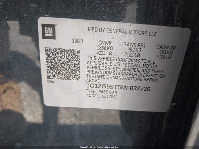 45011931 :رقم المزاد ، 1G1ZG5ST5MF032736 vin ، 2021 Chevrolet Malibu Fwd Rs مزاد بيع