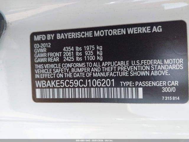 Aukcja sprzedaży 2012 Bmw 328i, vin: WBAKE5C59CJ106201, numer aukcji: 45011943
