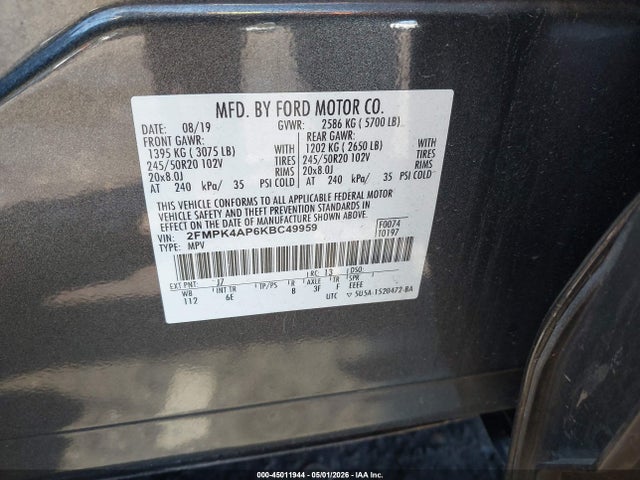 Aukcja sprzedaży 2019 Ford Edge St, vin: 2FMPK4AP6KBC49959, numer aukcji: 45011944