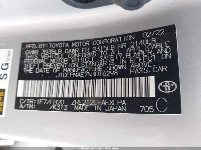 Aukcja sprzedaży 2022 Toyota Corolla Le, vin: JTDEPMAE7N3016298, numer aukcji: 45011947