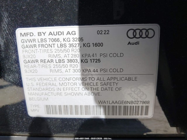 45011948 :رقم المزاد ، WA1LAAGE6NB027968 vin ، 2022 Audi E-tron Premium Plus Quattro مزاد بيع