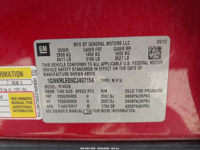 45011955 :رقم المزاد ، 1GNKRLED9CJ407154 vin ، 2012 Chevrolet Traverse Ltz مزاد بيع