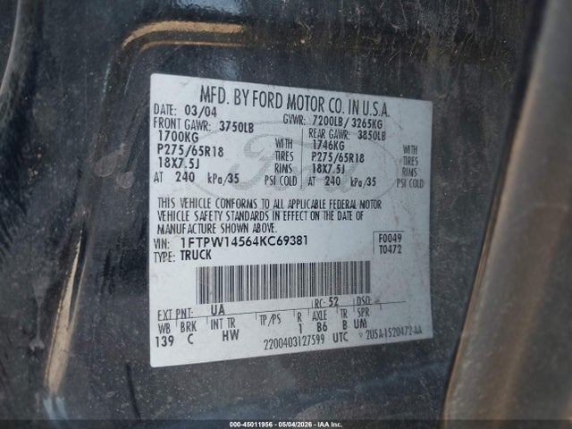 Продаж на аукціоні авто 2004 Ford F-150 Fx4/lariat/xlt, vin: 1FTPW14564KC69381, номер лоту: 45011956