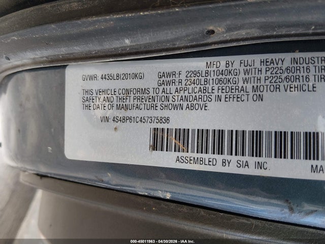 45011963 :رقم المزاد ، 4S4BP61C457375836 vin ، 2005 Subaru Outback 2.5i مزاد بيع