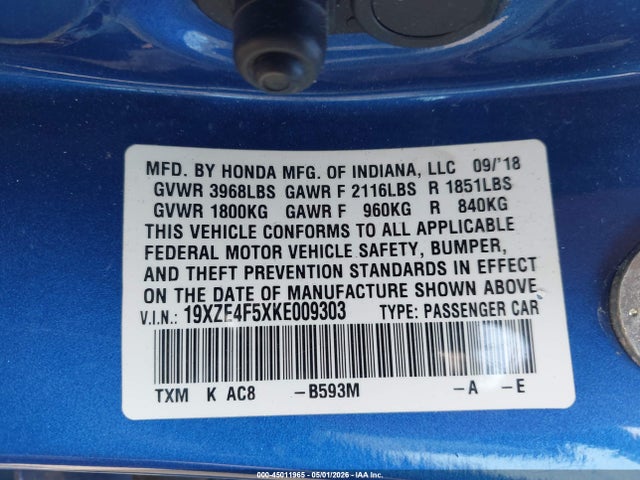 2019 Honda Insight Ex მანქანა იყიდება აუქციონზე, vin: 19XZE4F5XKE009303, აუქციონის ნომერი: 45011965