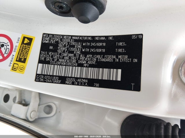 2019 Toyota Highlander Xle მანქანა იყიდება აუქციონზე, vin: 5TDJZRFH0KS993348, აუქციონის ნომერი: 45011968