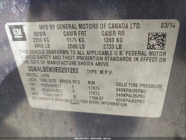 2014 Chevrolet Equinox 1lt მანქანა იყიდება აუქციონზე, vin: 2GNALBEK9E6291282, აუქციონის ნომერი: 45011973