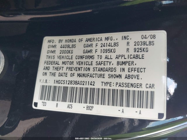 2008 Honda Accord 2.4 Ex-l მანქანა იყიდება აუქციონზე, vin: 1HGCS12838A021142, აუქციონის ნომერი: 45011992