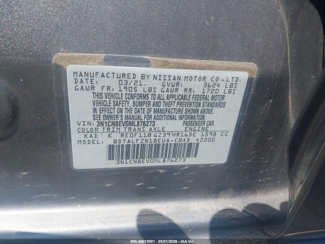 Продажа на аукционе авто 2021 Nissan Versa Sv Xtronic Cvt, vin: 3N1CN8EV0ML876273, номер лота: 45012001
