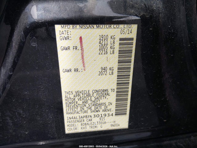 Aukcja sprzedaży 2015 Nissan Altima 2.5 S, vin: 1N4AL3AP8FN301934, numer aukcji: 45012003