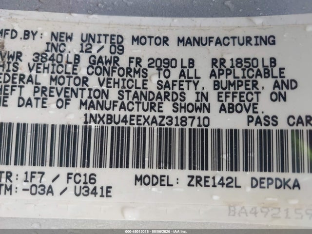 2010 Toyota Corolla Le მანქანა იყიდება აუქციონზე, vin: 1NXBU4EEXAZ318710, აუქციონის ნომერი: 45012016