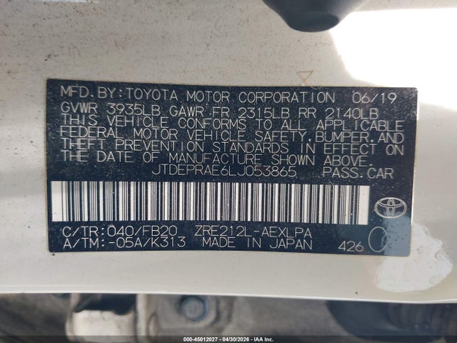 Продажа на аукционе авто 2020 Toyota Corolla Le, vin: JTDEPRAE6LJ053865, номер лота: 45012027