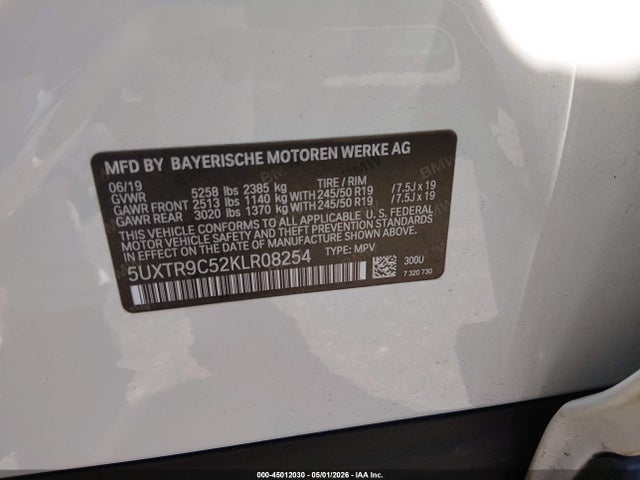 45012030 :رقم المزاد ، 5UXTR9C52KLR08254 vin ، 2019 Bmw X3 Xdrive30i مزاد بيع