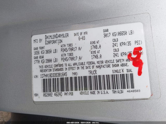 2003 Dodge Ram 1500 Slt/laramie/st მანქანა იყიდება აუქციონზე, vin: 1D7HA18D33S381645, აუქციონის ნომერი: 45012036