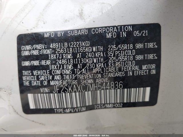 Aukcja sprzedaży 2021 Subaru Forester Touring, vin: JF2SKAXC7MH544836, numer aukcji: 45012040