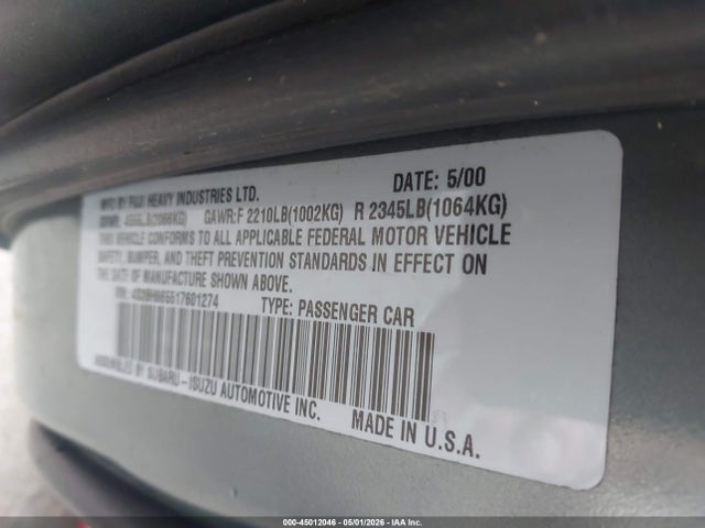 45012046 :رقم المزاد ، 4S3BH665517601274 vin ، 2001 Subaru Outback مزاد بيع